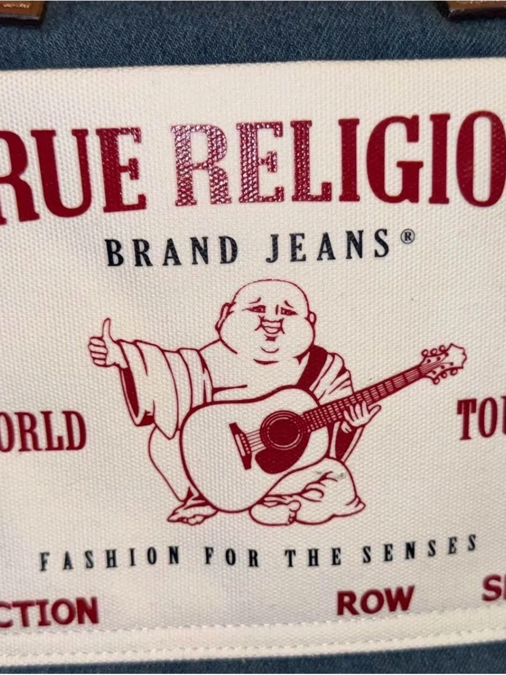 True Religion Navy Canvas Messenger Tote with Brown Trim